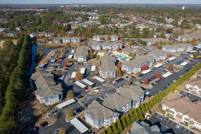 Aerial view of an apartment rental agency community near East Carolina University in Greenville, NC.